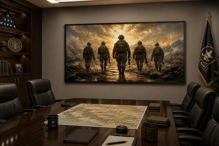 Military canvas print of five soldiers walking in full gear against a dramatic sunset sky.