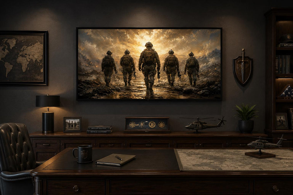 Military canvas print of five soldiers walking in full gear against a dramatic, glowing sunset sky.