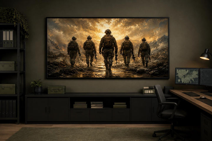 Military canvas print of five soldiers walking against a dramatic sunset in a dark office setting.