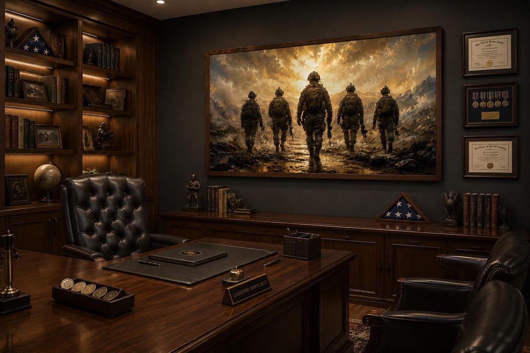 Military canvas print of five soldiers walking against a dramatic sunset in a dark office setting.