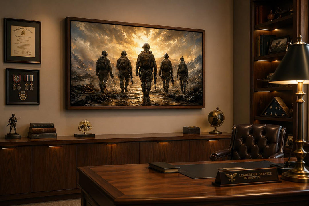 Military canvas print of soldiers walking in silhouette against a glowing sky in a home office.