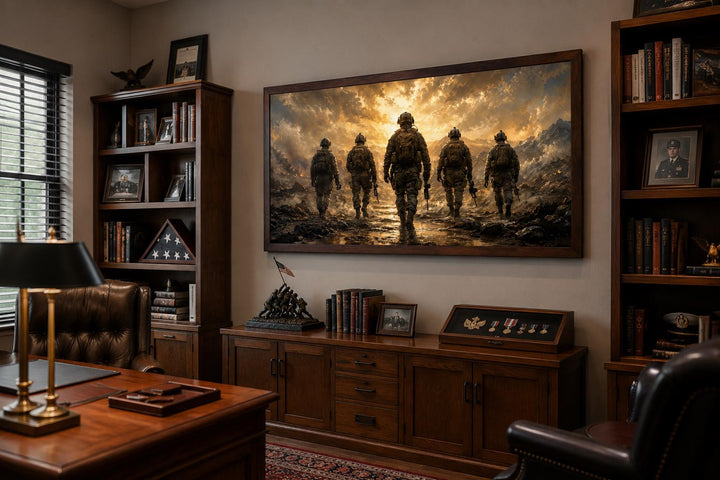 Military canvas print of soldiers walking against a dramatic sky, hung in a home office.