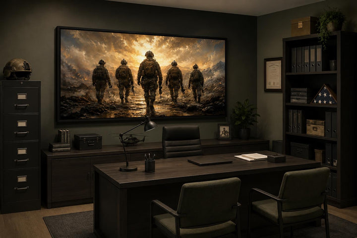 Military canvas print of five soldiers walking against a dramatic sunset in a dark office setting.