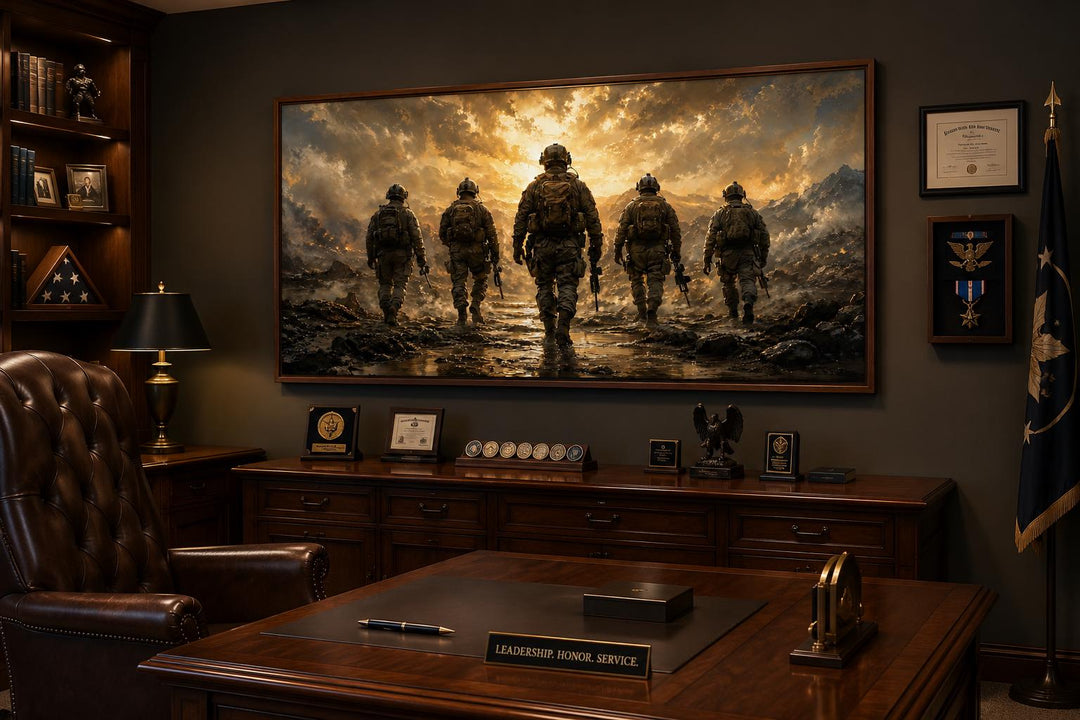 Military canvas print of five soldiers walking against a dramatic sunset in a dark wood office.