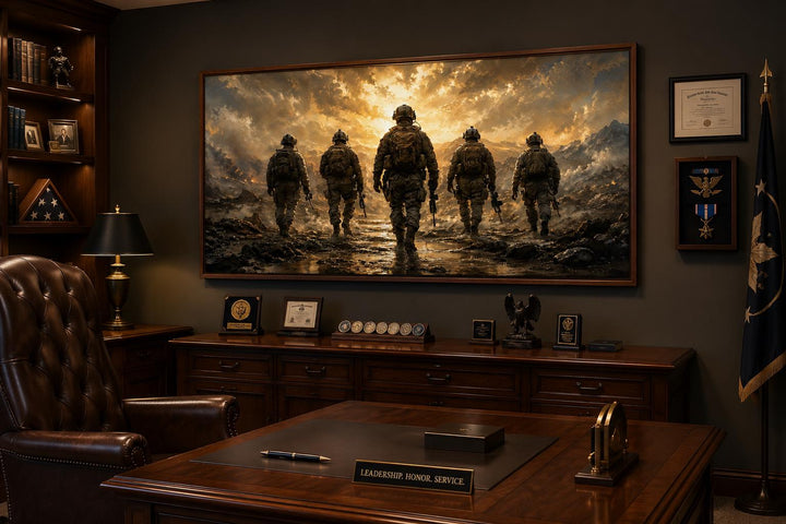 Military canvas print of five soldiers walking against a dramatic sunset in a dark wood office.