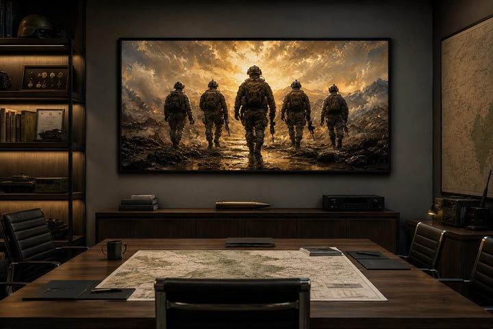 Military canvas print of five soldiers walking in silhouette against a dramatic glowing sky.