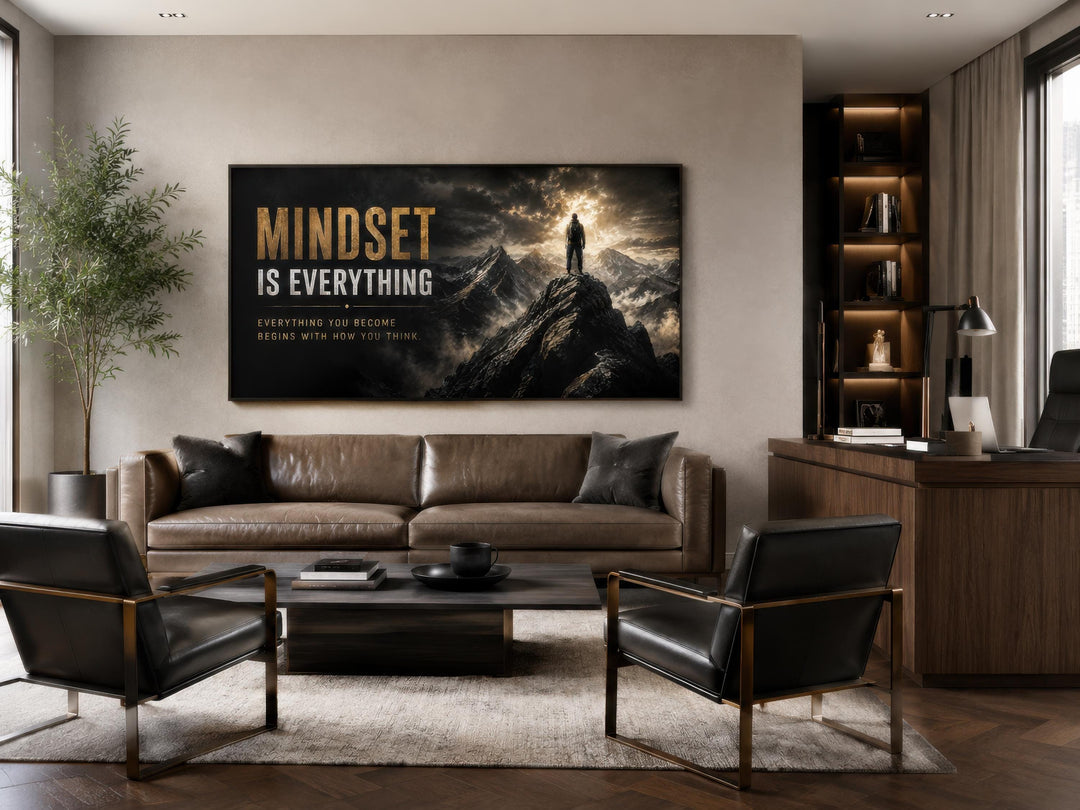 Mindset Is Everything black and gold canvas wall art in a modern office above a leather sofa.