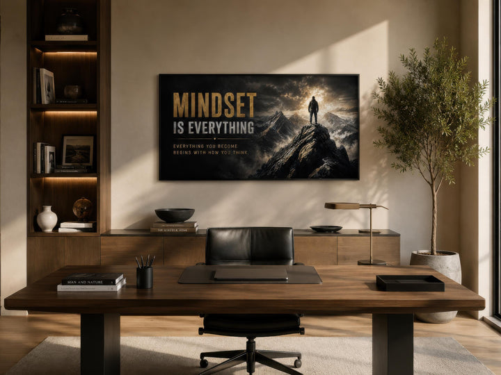 Mindset Is Everything black and gold canvas wall art displayed in a modern home office.