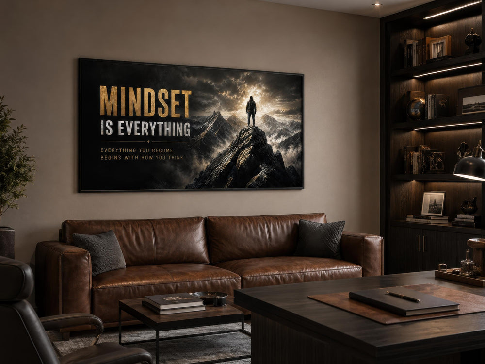 Mindset Is Everything wall art above a leather sofa in a dark, modern office setting.