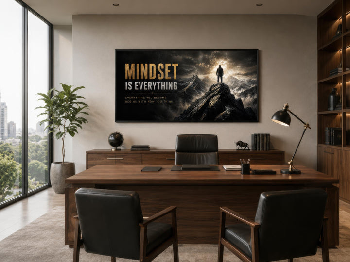 Mindset Is Everything black and gold canvas art hanging in a modern wood-paneled office.