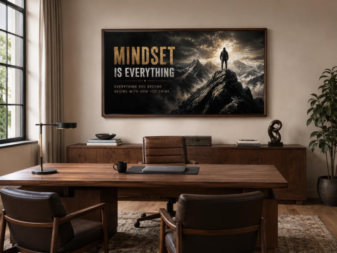 Mindset Is Everything black and gold motivational canvas art above a desk in a modern office.