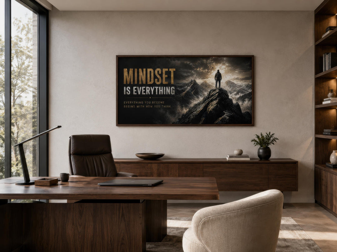 Mindset Is Everything wall art featuring a figure on a mountain peak in a modern office setting.