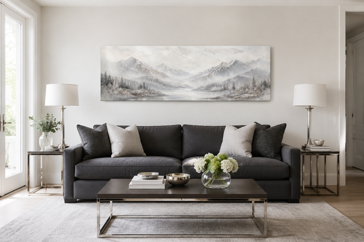 Minimalist abstract mountain panoramic wall art in grey, silver, and white over a dark grey couch.