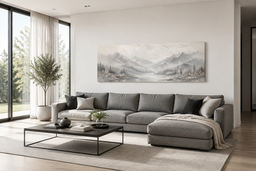 Minimalist abstract mountain panoramic wall art in grey, silver, and white above a grey sofa.