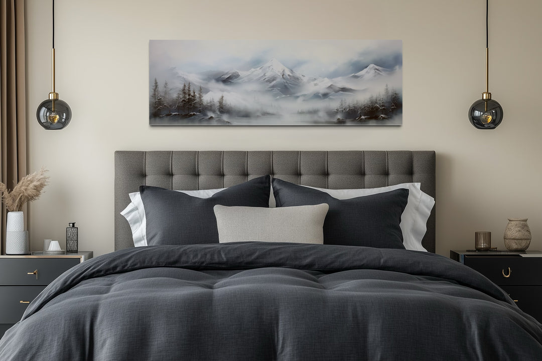 Minimalist Abstract Mountain Horizontal Grey Silver White Over Bed Wall Art