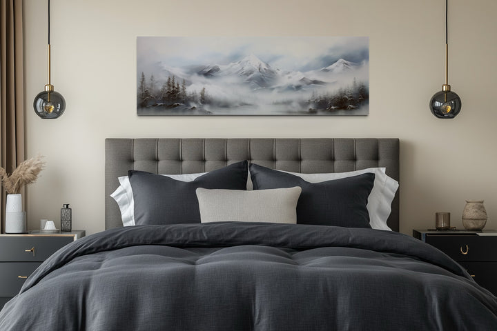 Minimalist Abstract Mountain Horizontal Grey Silver White Over Bed Wall Art