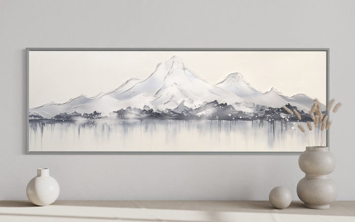 Minimalist Abstract Mountain Horizontal Grey Silver White Over Bed Wall Art