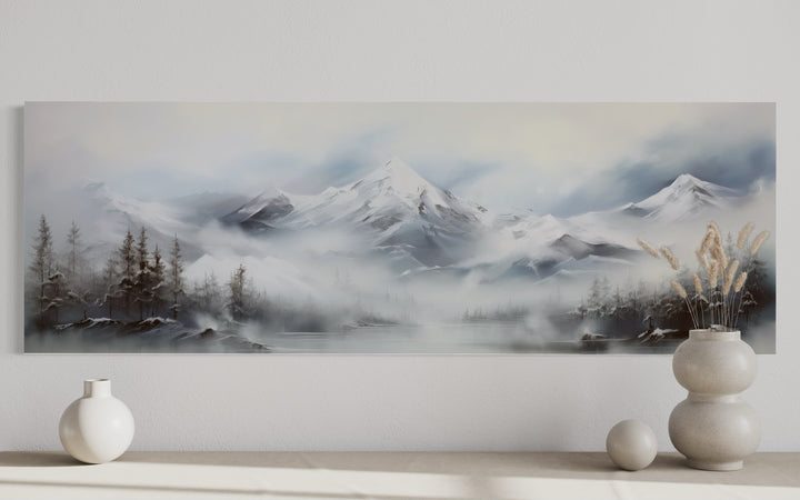 Minimalist Abstract Mountain Horizontal Grey Silver White Over Bed Wall Art