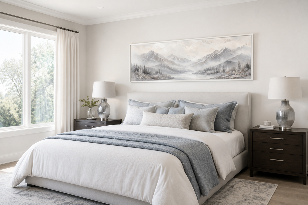Minimalist abstract mountain panoramic wall art in grey, silver, and white over a bed.
