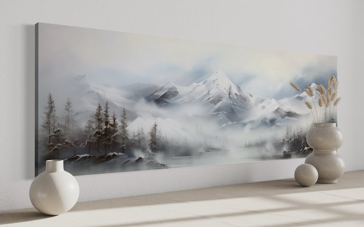 Minimalist Abstract Mountain Horizontal Grey Silver White Over Bed Wall Art