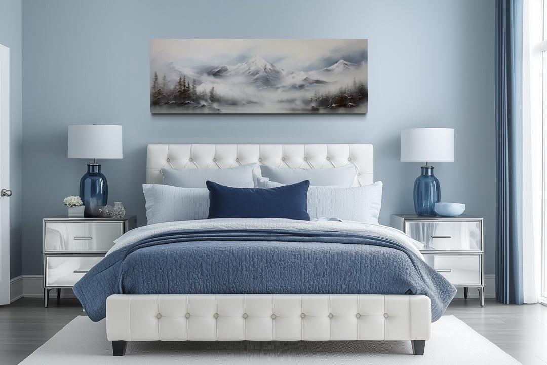 Minimalist Abstract Mountain Horizontal Grey Silver White Over Bed Wall Art