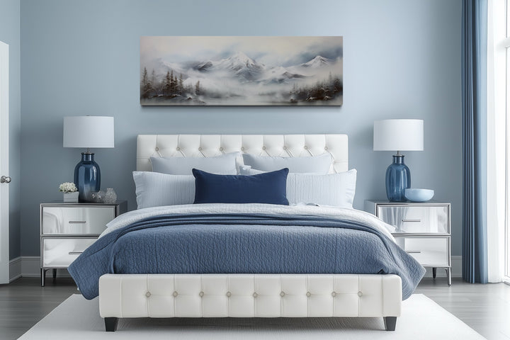 Minimalist Abstract Mountain Horizontal Grey Silver White Over Bed Wall Art
