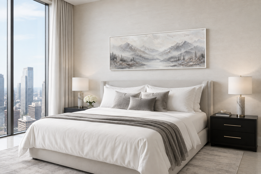 Minimalist abstract mountain panoramic wall art in grey, silver, and white over a bed.