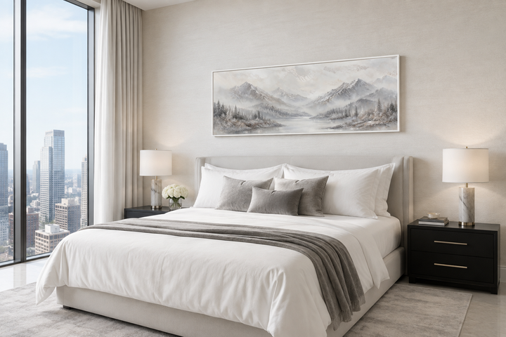 Minimalist abstract mountain panoramic wall art in grey, silver, and white over a bed.