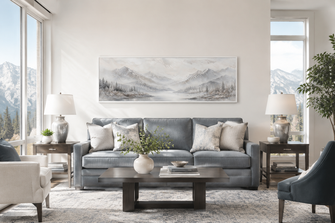 Minimalist abstract mountain panoramic wall art in grey, silver, and white above a blue sofa.