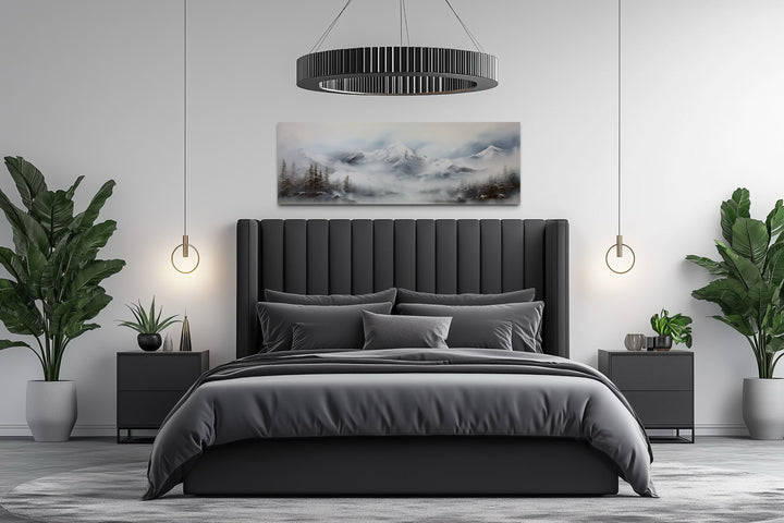 Minimalist Abstract Mountain Horizontal Grey Silver White Over Bed Wall Art