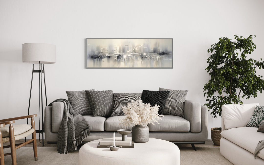 Minimalist Abstract Silver Gray Long Horizontal Living Room Framed Canvas Wall Art