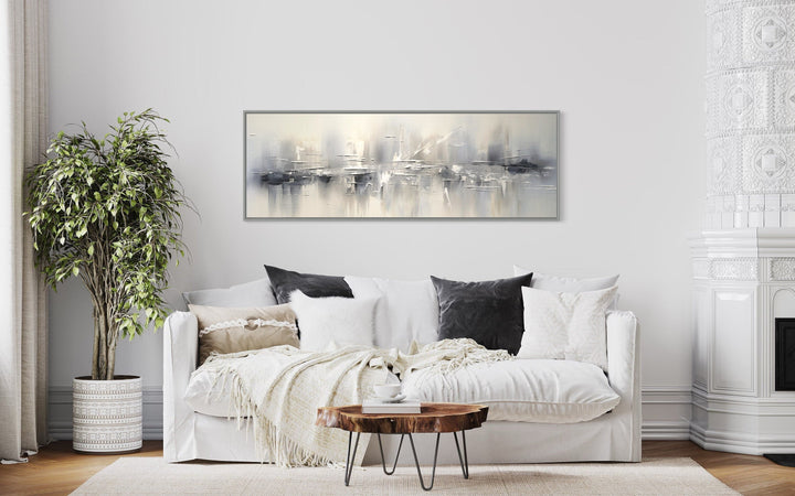 Minimalist Abstract Silver Gray Long Horizontal Living Room Framed Canvas Wall Art