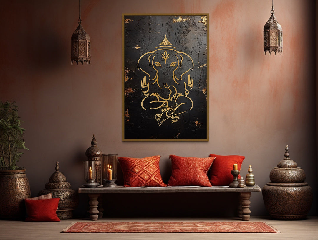 Minimalist Black Gold Lord Ganesha Framed Canvas Wall Art