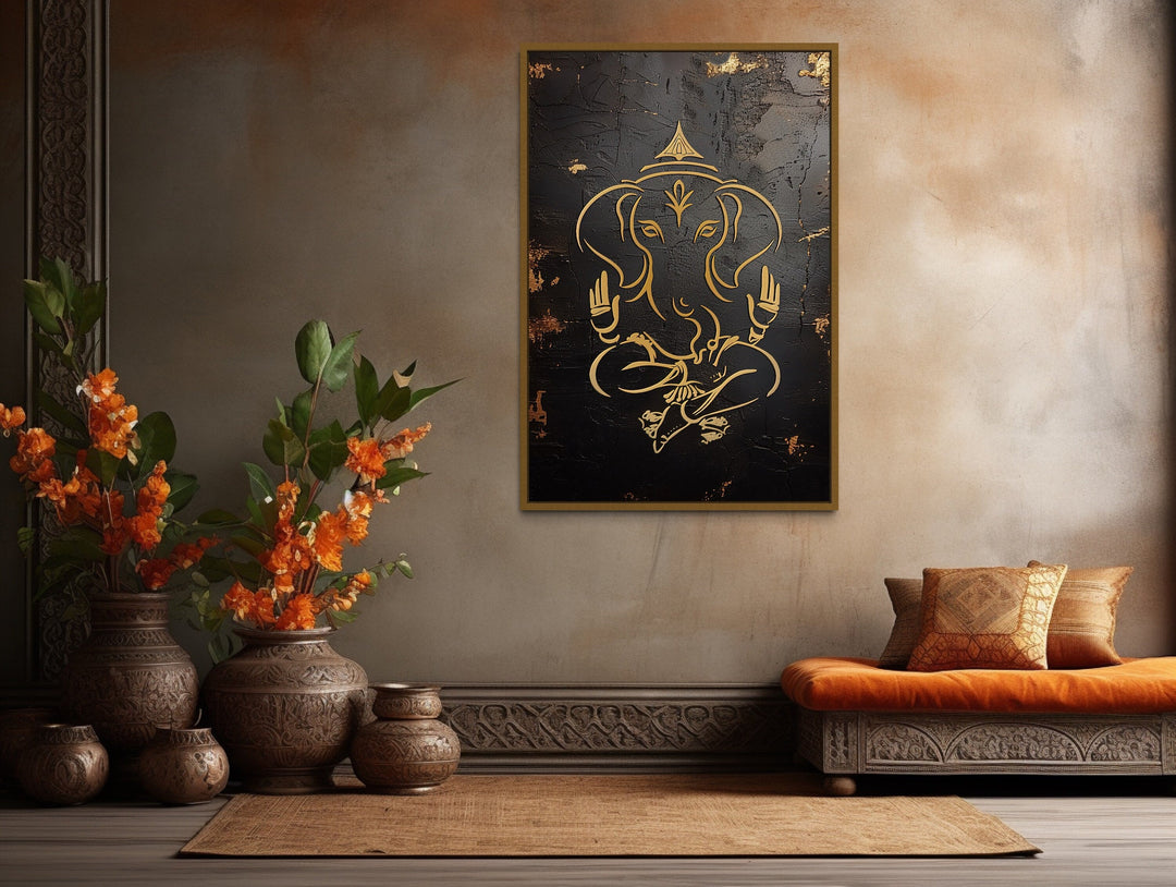 Minimalist Black Gold Lord Ganesha Framed Canvas Wall Art