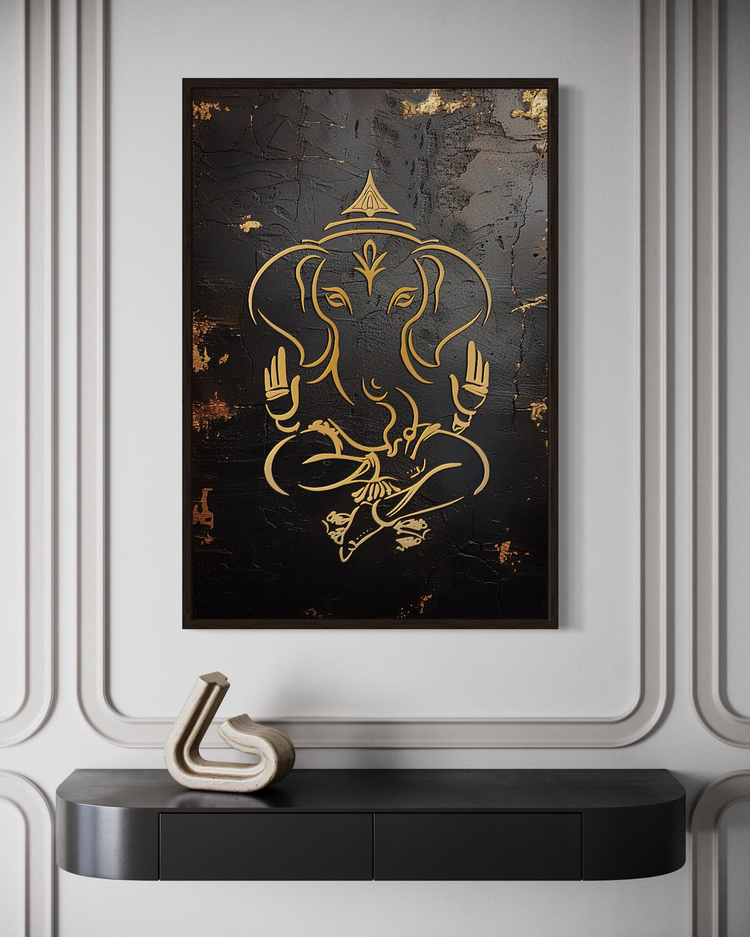 Minimalist Black Gold Lord Ganesha Framed Canvas Wall Art