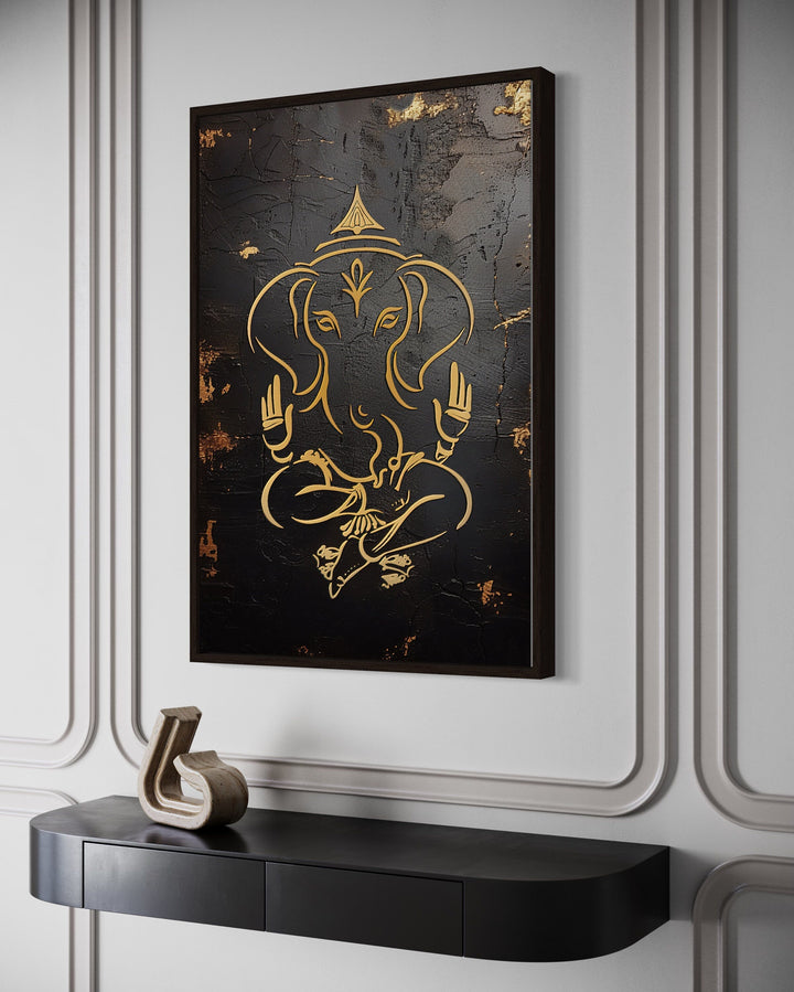 Minimalist Black Gold Lord Ganesha Framed Canvas Wall Art