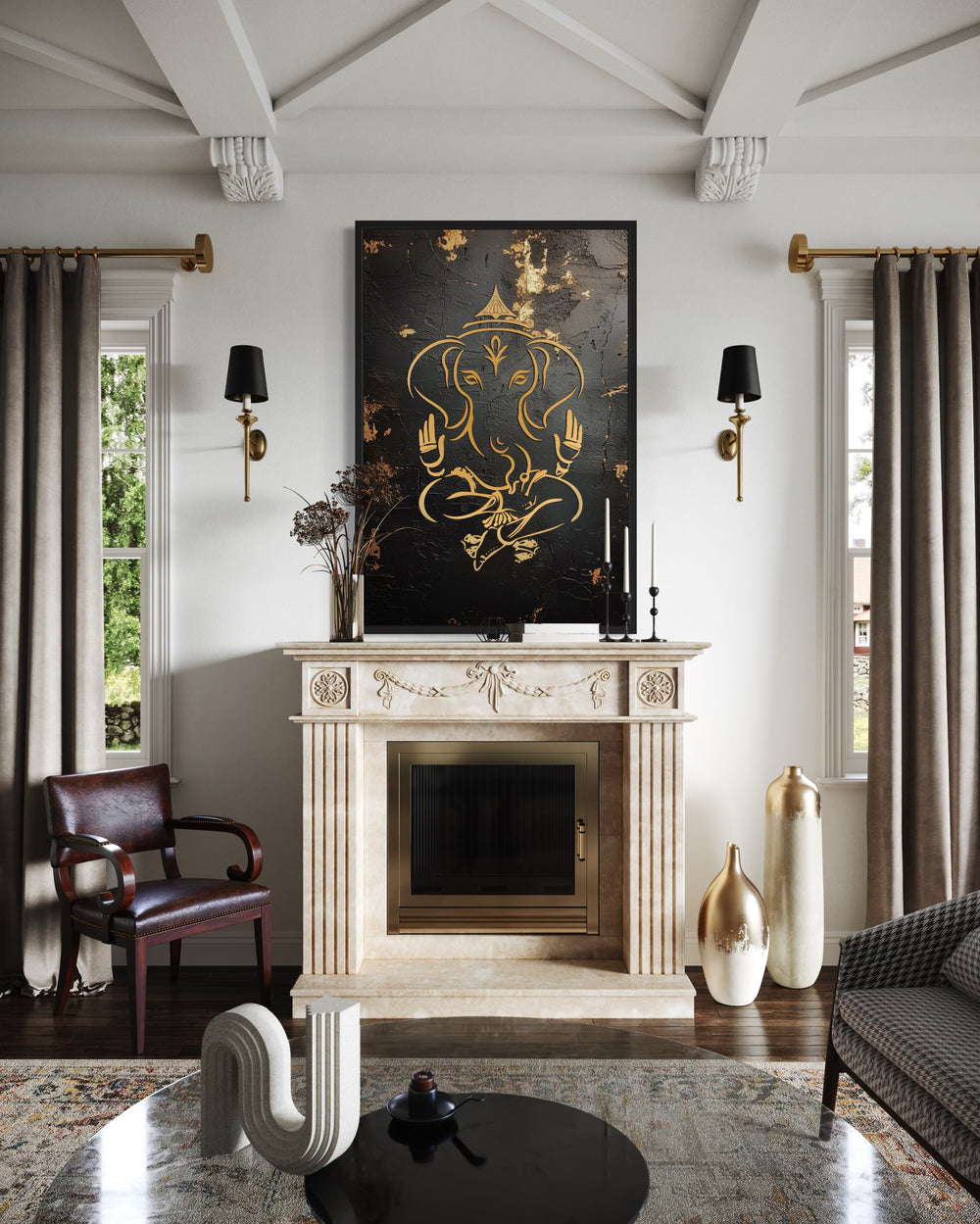 Minimalist black and gold Lord Ganesha framed canvas wall art hanging above a marble fireplace.