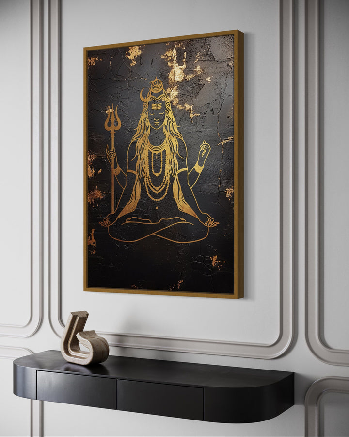 Minimalist Black Gold Lord Shiva Indian Framed Canvas Wall Art