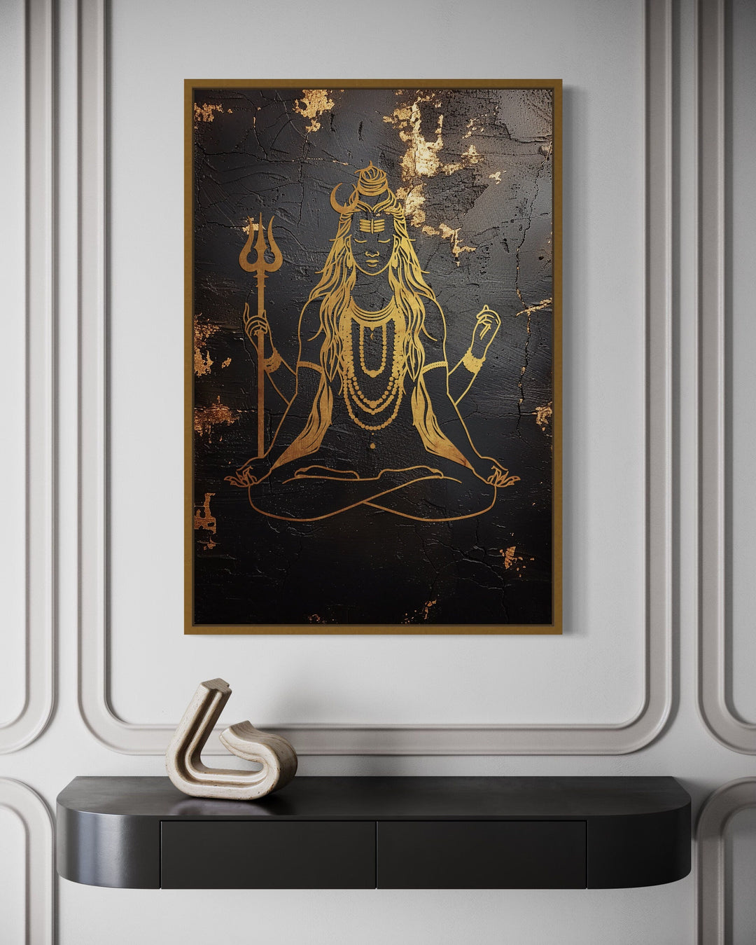 Minimalist Black Gold Lord Shiva Indian Framed Canvas Wall Art