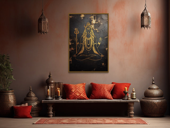 Minimalist Black Gold Lord Shiva Indian Framed Canvas Wall Art