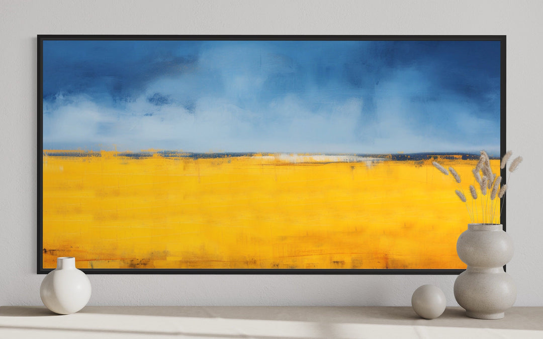 Minimalist Blue Yellow Ukrainian Flag Landscape Framed Canvas Wall Art