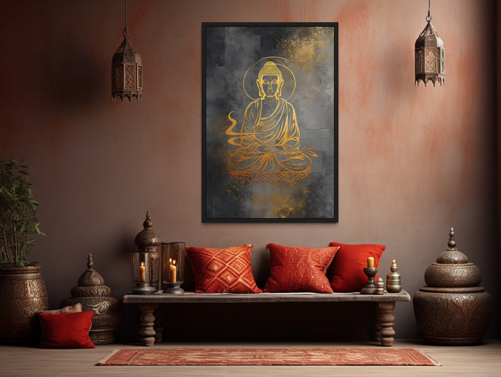 Minimalist Buddha Indian Gold Silver Framed Canvas Wall Art