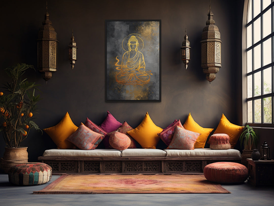 Minimalist Buddha Indian Gold Silver Framed Canvas Wall Art