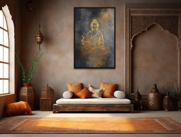 Minimalist Buddha Indian Gold Silver Framed Canvas Wall Art