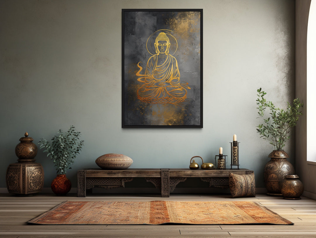 Minimalist Buddha Indian Gold Silver Framed Canvas Wall Art