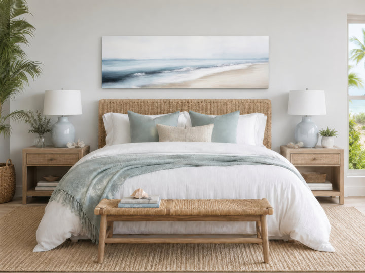 Minimalist panoramic watercolor painting of a calm gray and blue ocean beach above a bed.