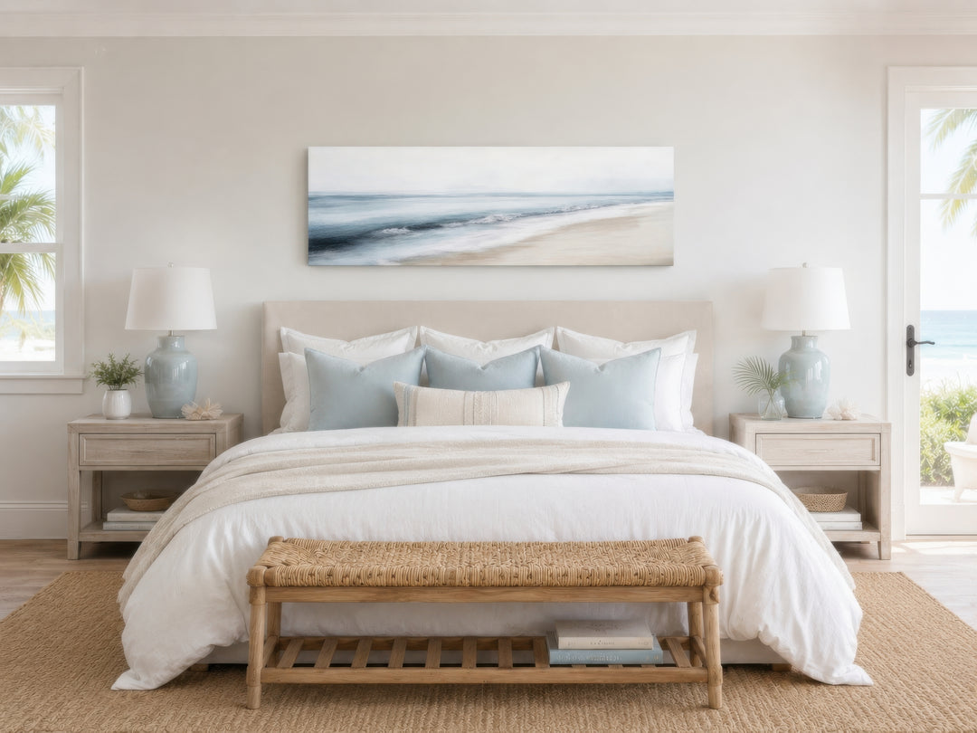 Minimalist panoramic coastal wall art with gray and blue watercolor ocean waves above a bed.