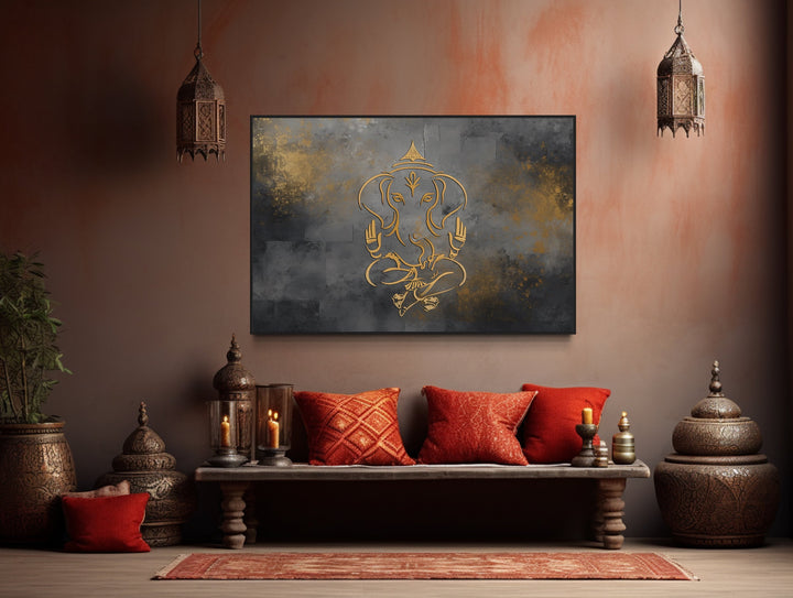 Minimalist Lord Ganesh Abstract Painting Modern Indian Framed Canvas Wall Art