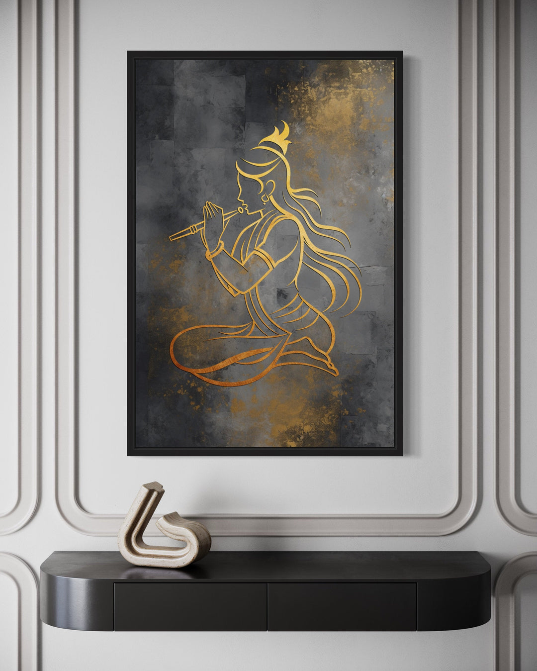 Minimalist Lord Krishna With Flute Gold Silver Indian Framed Canvas Wall Art