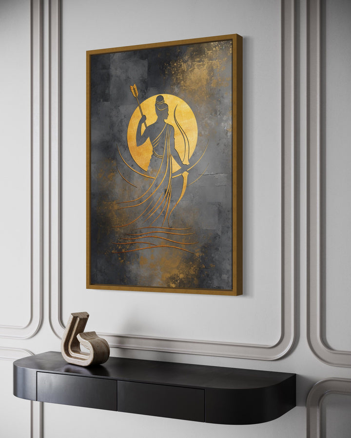 Minimalist Lord Rama gold and silver abstract framed canvas wall art above a black console table.